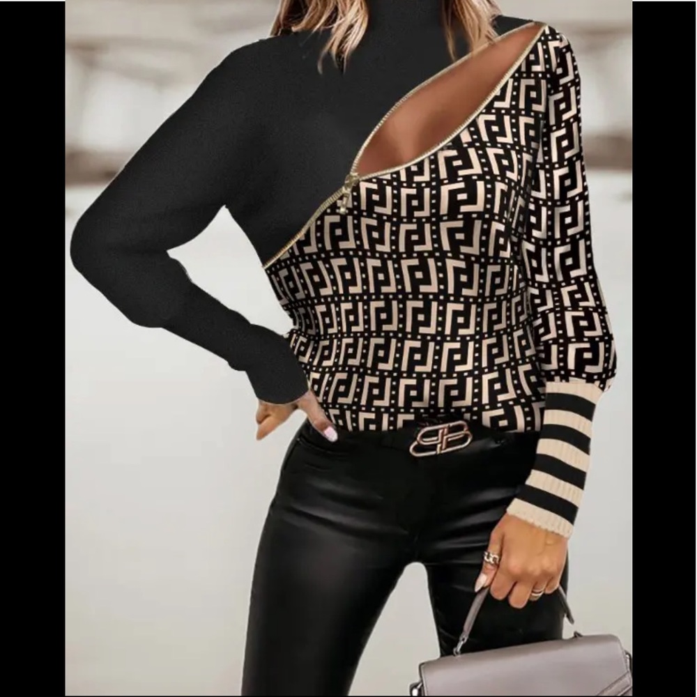 🎉New Modern Sexy Geometric Print Zipper One Shoulder Sleeve Top - Picture 3 of 10